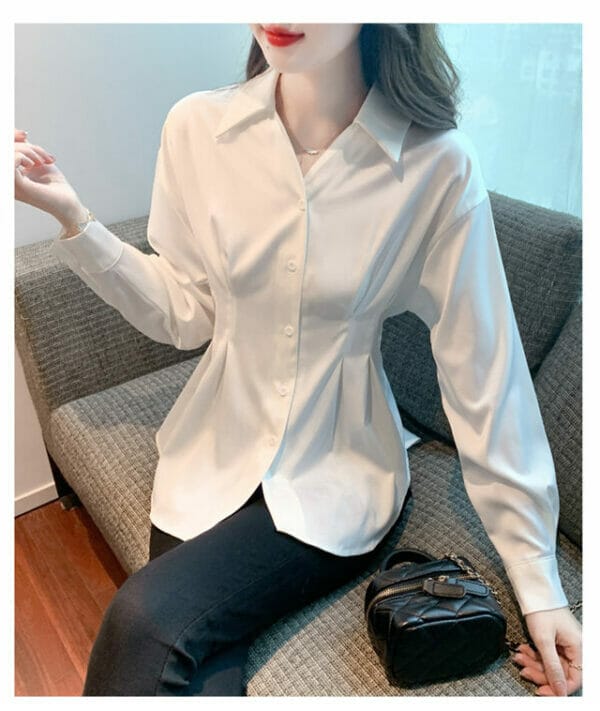 Fashion Women Buttons Shirt Collar Fitted Waist Puff Sleeve Blouse 3