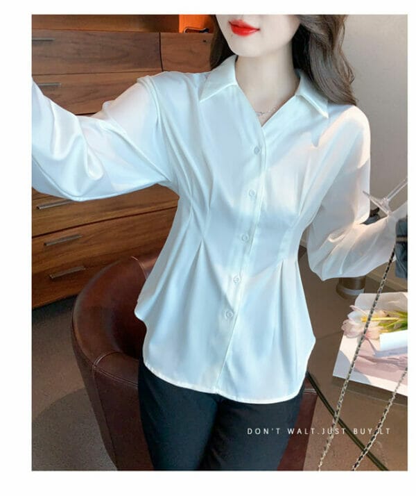 Fashion Women Buttons Shirt Collar Fitted Waist Puff Sleeve Blouse 2