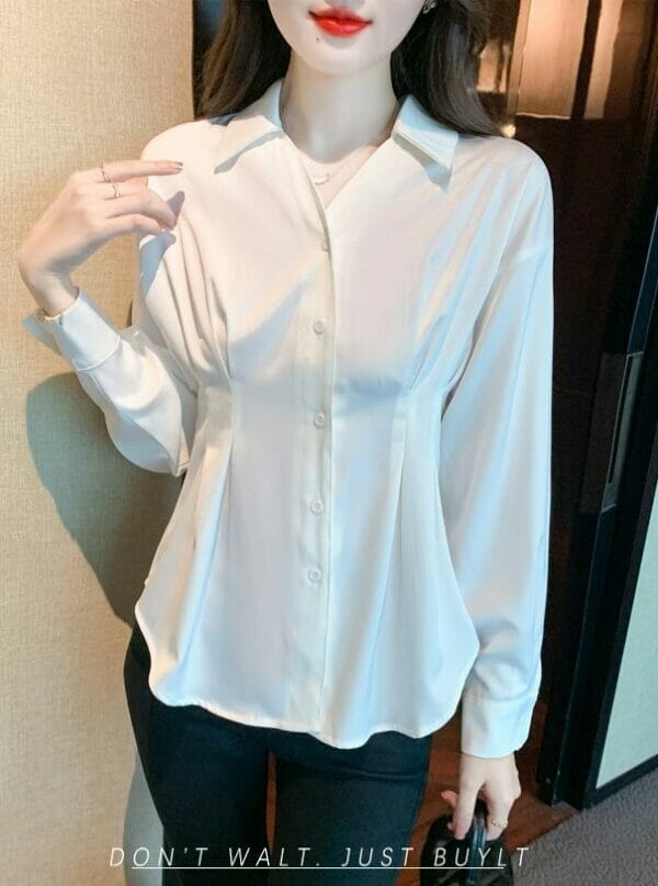 Fashion Women Buttons Shirt Collar Fitted Waist Puff Sleeve Blouse 1