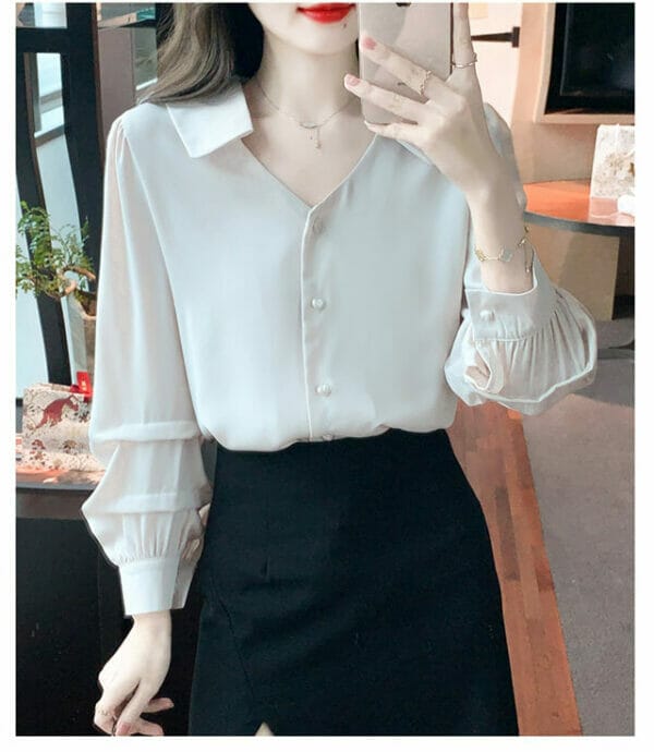 Fashion Women Buttons V-neck Puff Sleeve Loosen Blouse 5