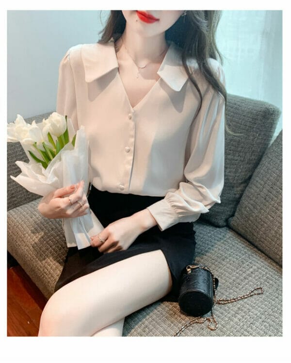 Fashion Women Buttons V-neck Puff Sleeve Loosen Blouse 4