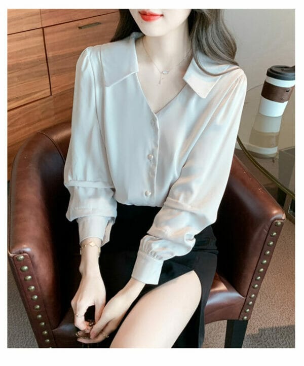 Fashion Women Buttons V-neck Puff Sleeve Loosen Blouse 2