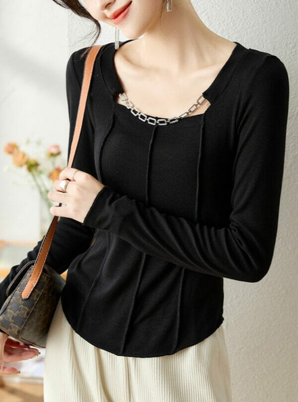 Fashion Women Chain Collar Long Sleeve Slim T-shirt 3