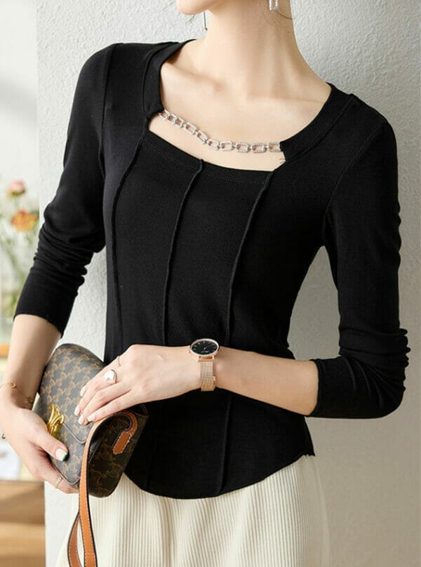 Fashion Women Chain Collar Long Sleeve Slim T-shirt 2