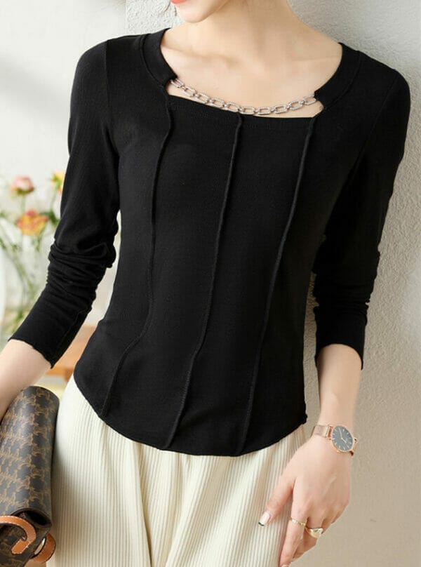 Fashion Women Chain Collar Long Sleeve Slim T-shirt 1