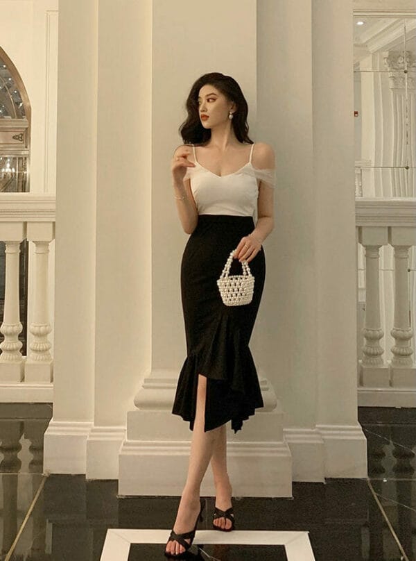 Fashion Women Color Block V-neck Fishtail Skinny Dress 3