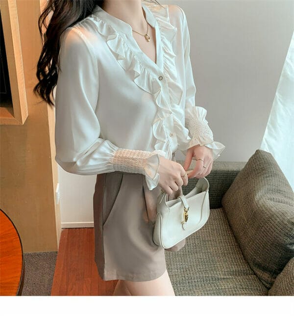 Fashion Women Flouncing V-neck Puff Sleeve Chiffon Blouse 5