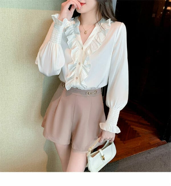 Fashion Women Flouncing V-neck Puff Sleeve Chiffon Blouse 4