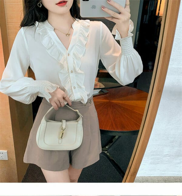 Fashion Women Flouncing V-neck Puff Sleeve Chiffon Blouse 3