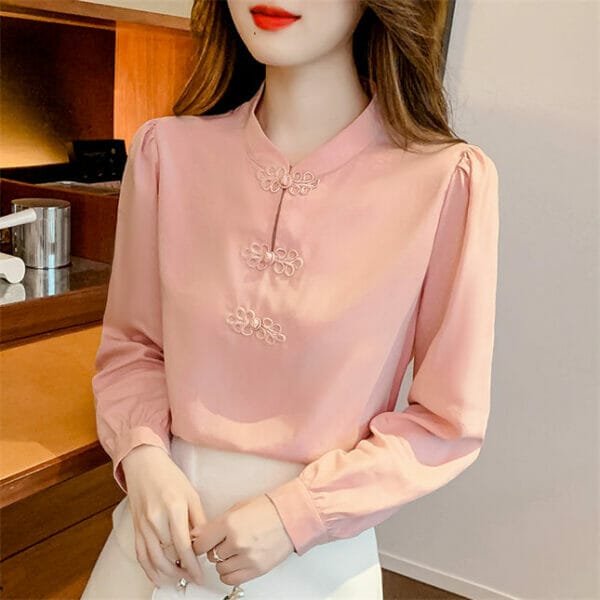 Fashion Women Frog Buttons Loosen Long Sleeve Blouse 5