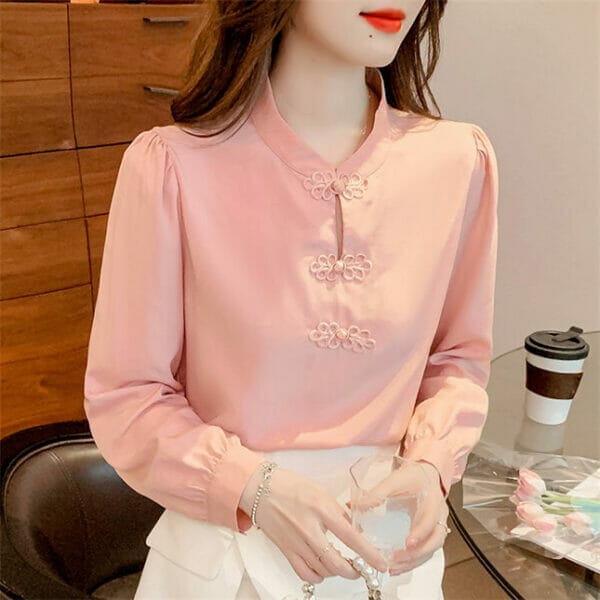 Fashion Women Frog Buttons Loosen Long Sleeve Blouse 4