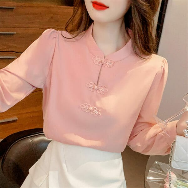 Fashion Women Frog Buttons Loosen Long Sleeve Blouse 3