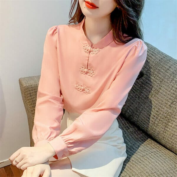 Fashion Women Frog Buttons Loosen Long Sleeve Blouse 2