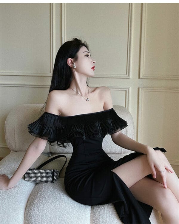 Fashion Women Gauze Flouncing Boat Neck Split Slim Dress 4