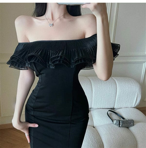 Fashion Women Gauze Flouncing Boat Neck Split Slim Dress 3