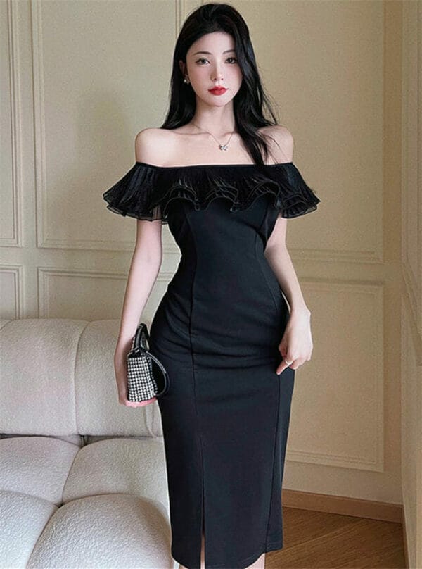 Fashion Women Gauze Flouncing Boat Neck Split Slim Dress 1