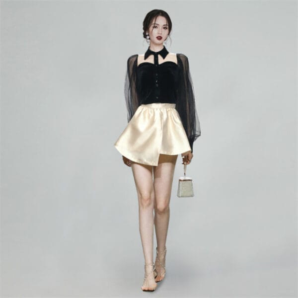 Fashion Women Gauze Puff Sleeve Blouse with A-line Skirt 3