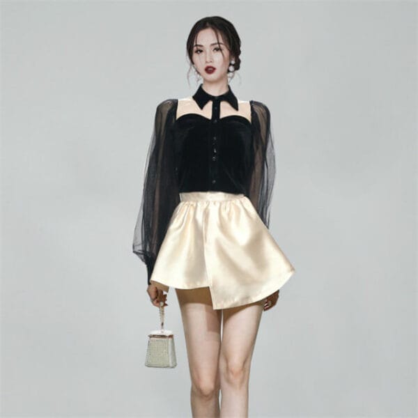 Fashion Women Gauze Puff Sleeve Blouse with A-line Skirt 2