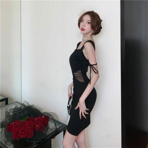 Fashion Women Gauze Waist Pleated Bodycon Straps Dress 4