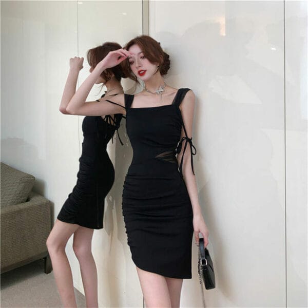 Fashion Women Gauze Waist Pleated Bodycon Straps Dress 3