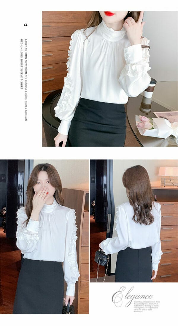 Fashion Women Heaps Collar Flouncing Puff Sleeve Blouse 6