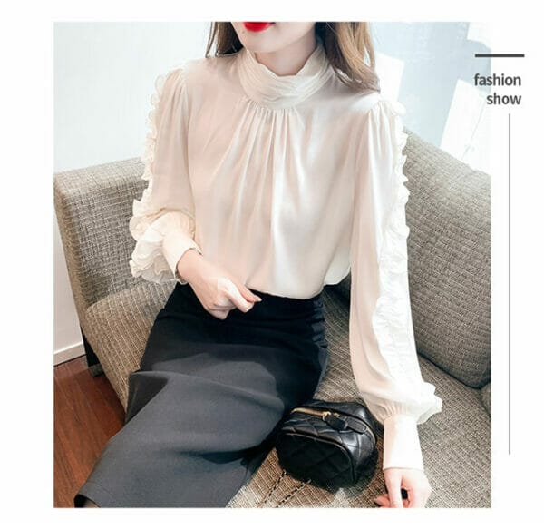 Fashion Women Heaps Collar Flouncing Puff Sleeve Blouse 4