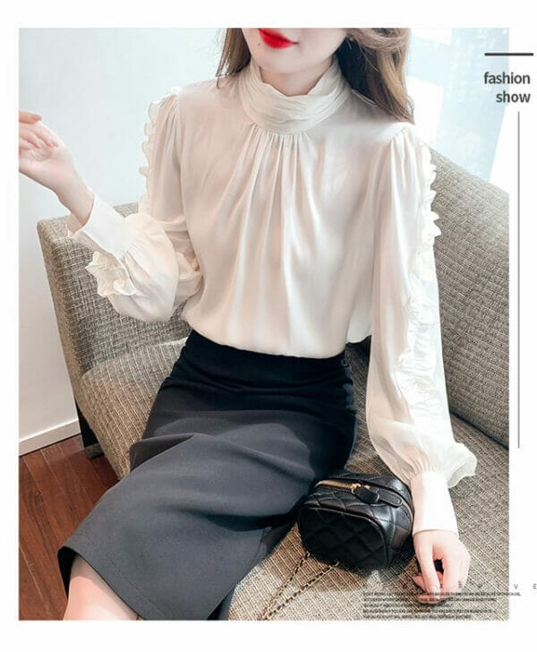 Fashion Women Heaps Collar Flouncing Puff Sleeve Blouse 3