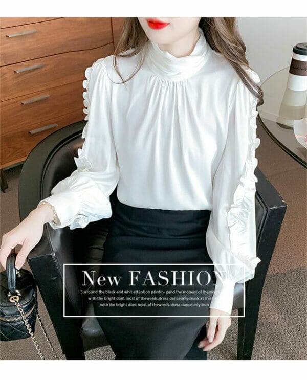 Fashion Women Heaps Collar Flouncing Puff Sleeve Blouse 2