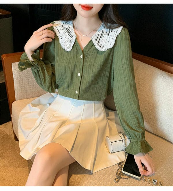 Fashion Women Lace Doll Collar V-neck Flare Sleeve Blouse 5