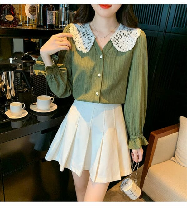 Fashion Women Lace Doll Collar V-neck Flare Sleeve Blouse 4