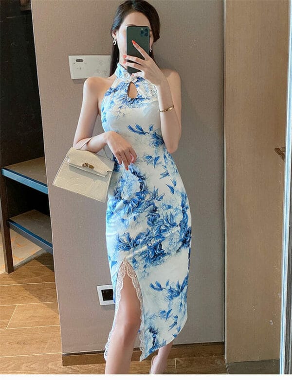 Fashion Women Lace Split Flowers Tank Cheongsam Dress 2