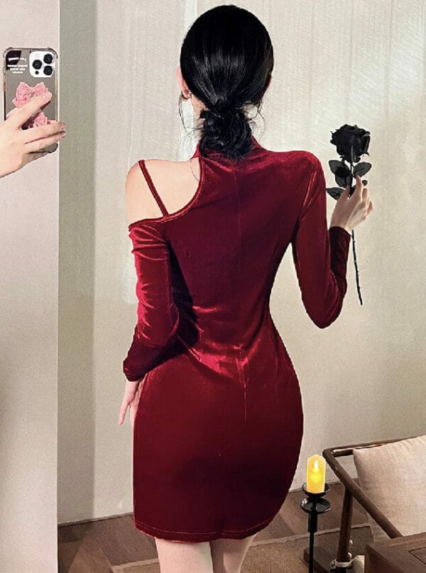 Fashion Women Off Shoulder Skinny Long Sleeve Velvet Dress 5