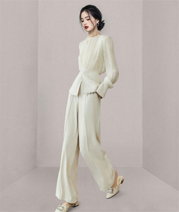 Fashion Women Pleated Chiffon Tops with Wide-leg Long Pants 3