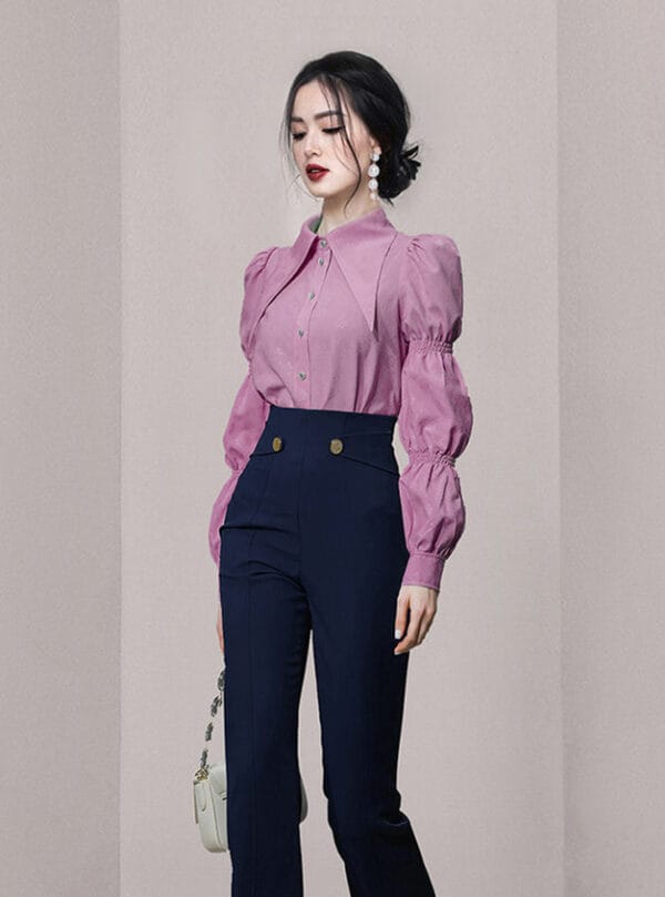 Fashion Women Puff Sleeve Blouse with Straight Long Pants 3