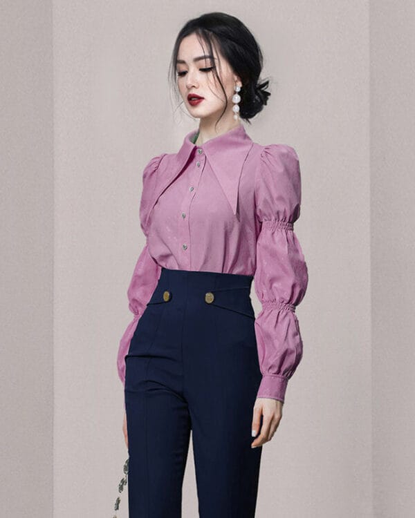 Fashion Women Puff Sleeve Blouse with Straight Long Pants 2