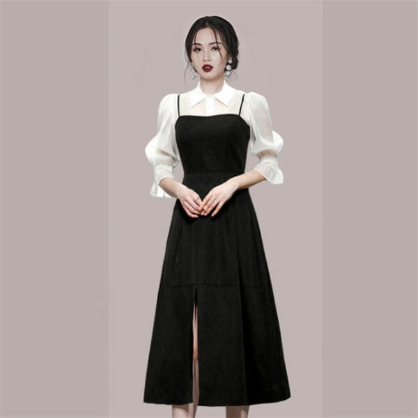 Fashion Women Puff Sleeve Blouse with Straps A-line Dress 3