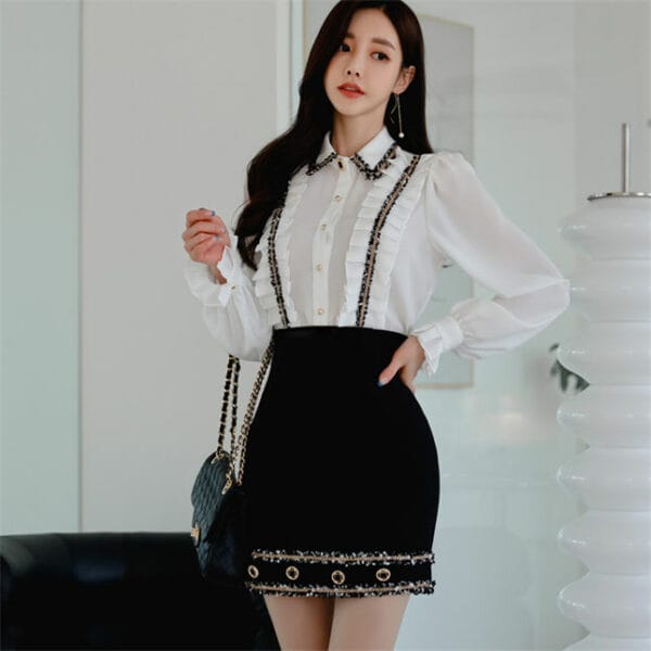 Fashion Women Puff Sleeve Tassels Blouse with Slim Short Skirt 3