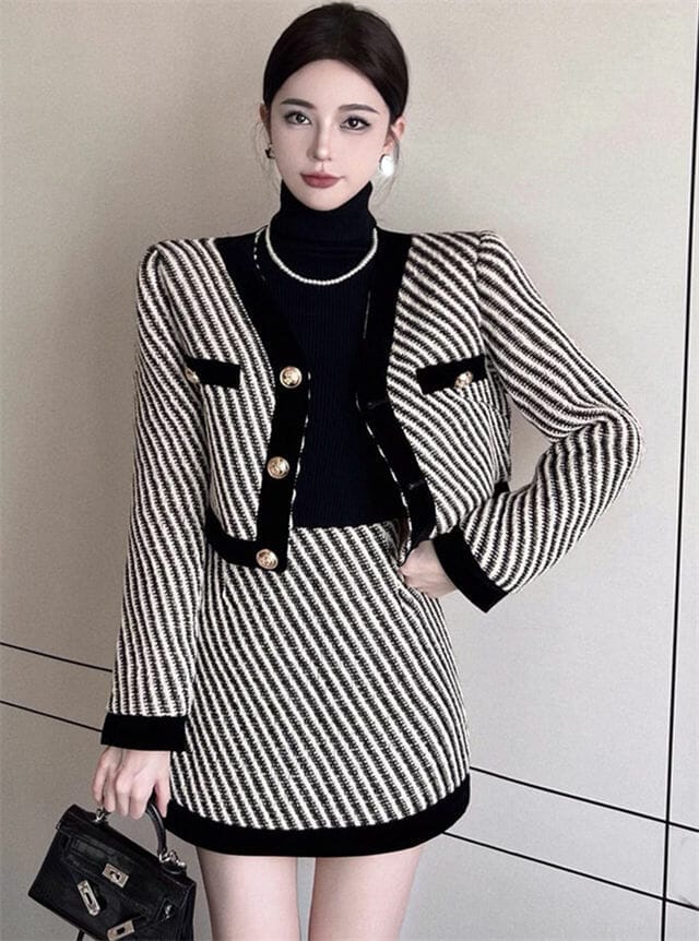 Fashion Women Single-breasted Stripes Two Pieces Suits 1