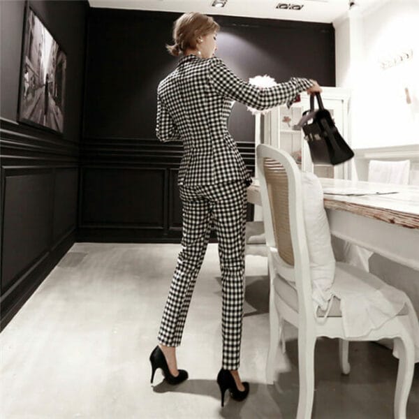 Fashion Women Tailored Collar Plaids Slim Two Pieces Suits 3