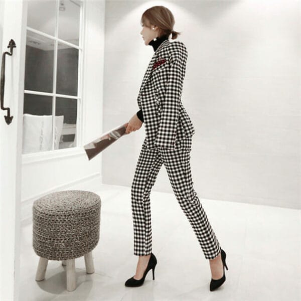 Fashion Women Tailored Collar Plaids Slim Two Pieces Suits 2