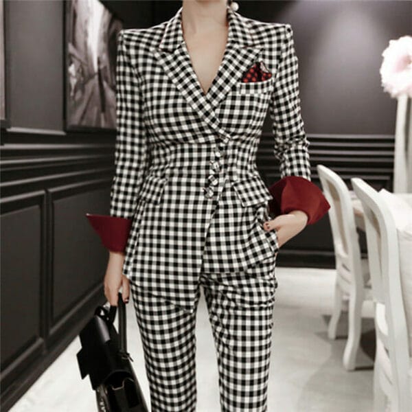 Fashion Women Tailored Collar Plaids Slim Two Pieces Suits 1