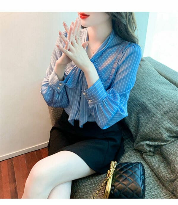 Fashion Women Tie Bowknot Collar Stripes Loosen Blouse 5