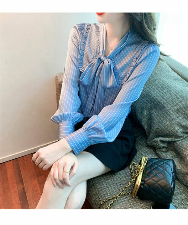 Fashion Women Tie Bowknot Collar Stripes Loosen Blouse 4