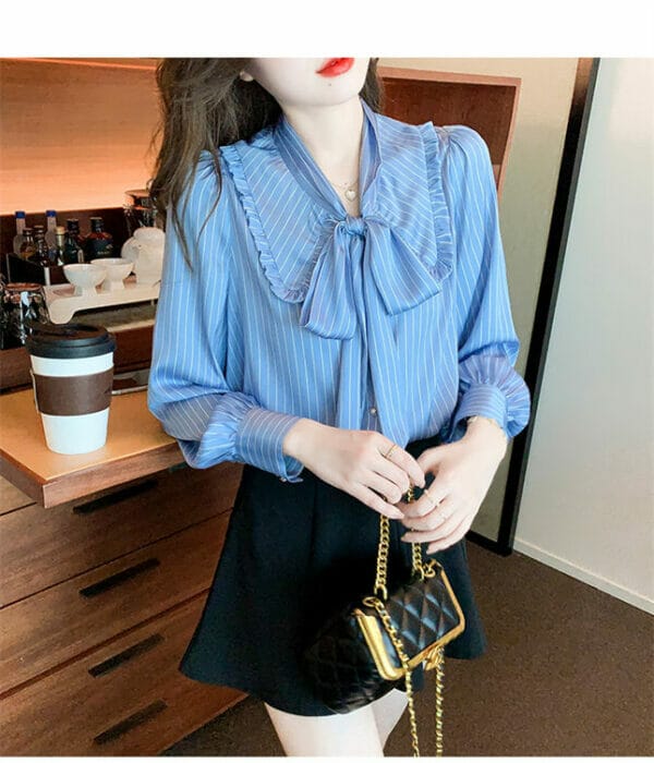 Fashion Women Tie Bowknot Collar Stripes Loosen Blouse 2