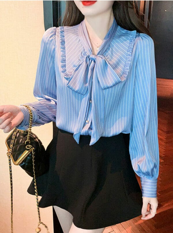 Fashion Women Tie Bowknot Collar Stripes Loosen Blouse 1