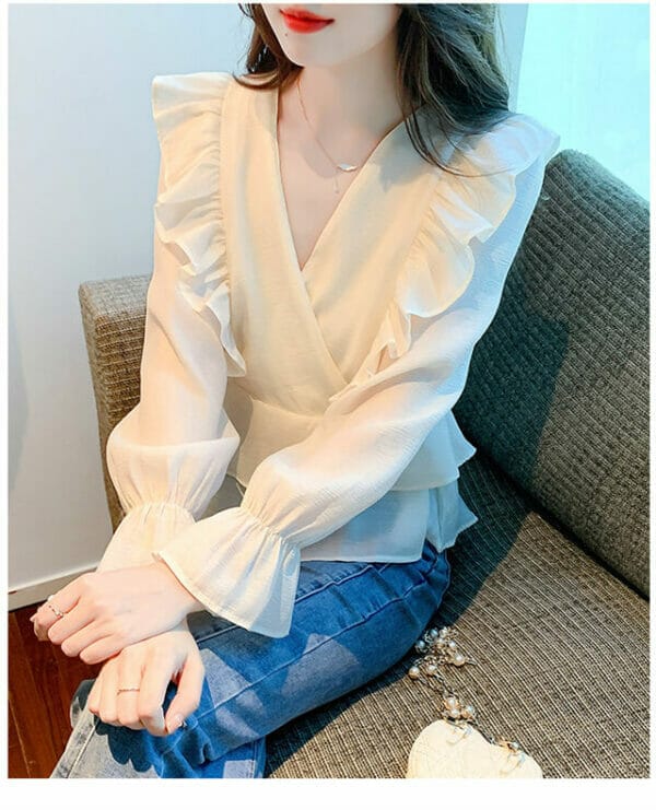 Fashion Women V-neck Layered Flouncing Chiffon Blouse 5