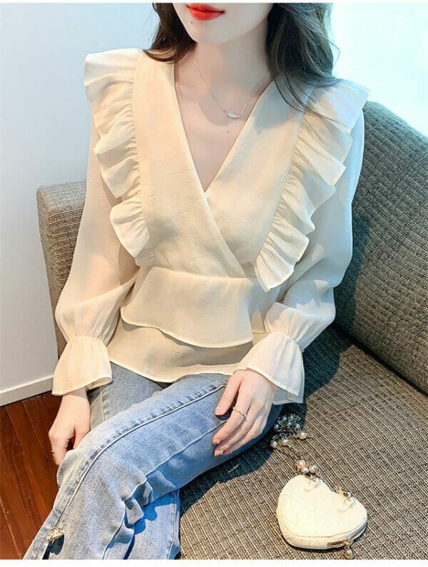 Fashion Women V-neck Layered Flouncing Chiffon Blouse 4