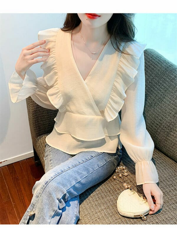 Fashion Women V-neck Layered Flouncing Chiffon Blouse 3