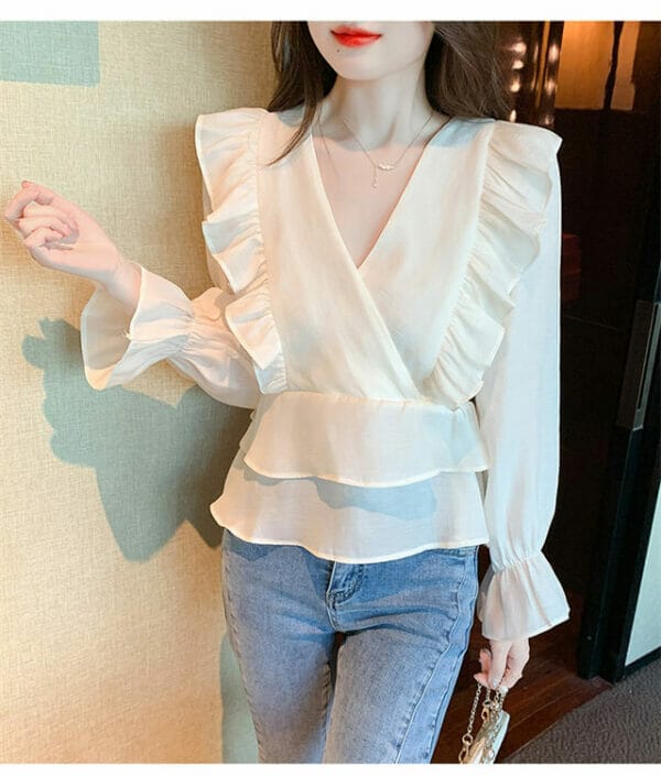 Fashion Women V-neck Layered Flouncing Chiffon Blouse 2