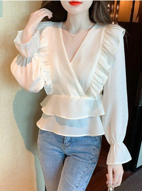 Fashion Women V-neck Layered Flouncing Chiffon Blouse 1